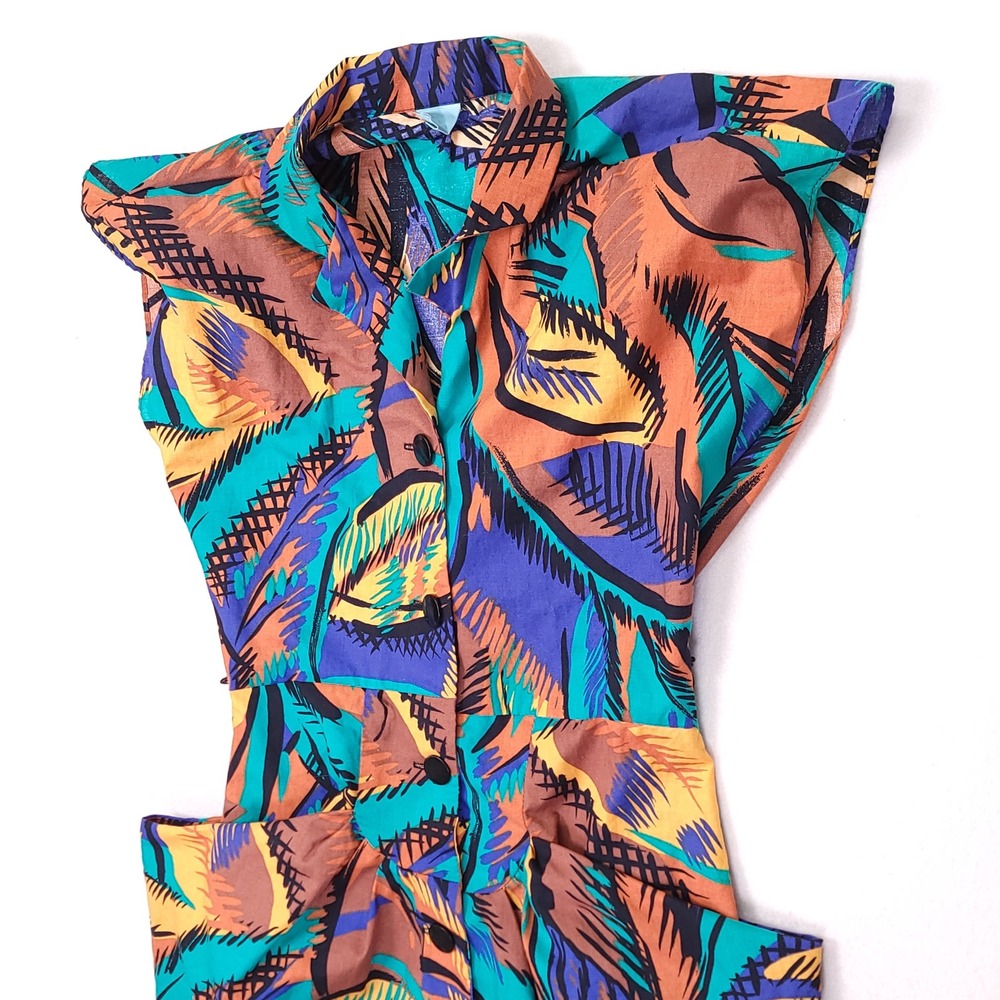 Vintage 80s Abstract Tropical Midi Dress Sleeveless Padded Shoulder Multicolor - Picture 2 of 10